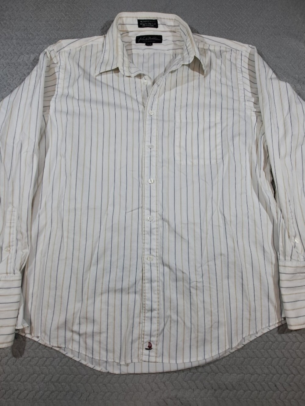 John W. Nordstrom White Shirt with Thin Navy and Tan Stripes
